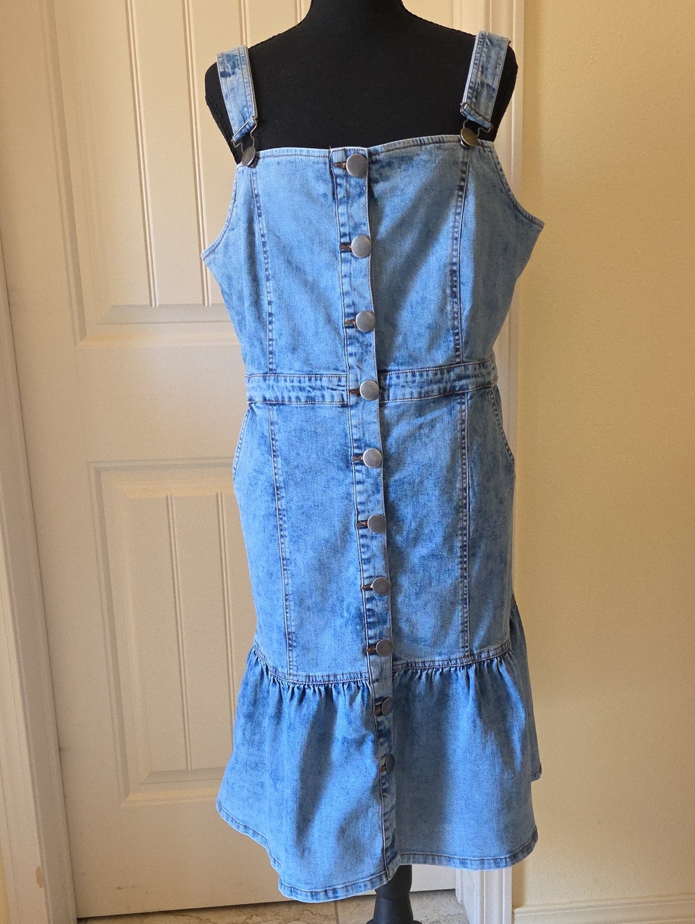 VENUS Light Blue Denim Button-Front Overall Dress with Ruffle Hem, Size 14